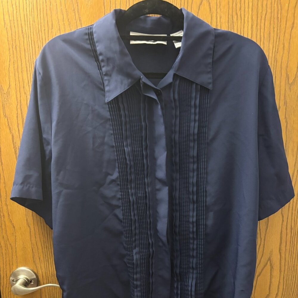 Claudia Richard Navy Blue Pleated Button-Up Blouse